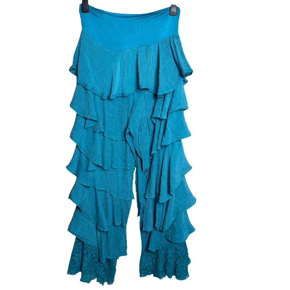 L &B Turquoise Tiered Ruffle Palazzo Pants Lace Hem Boho Festival Medium 408